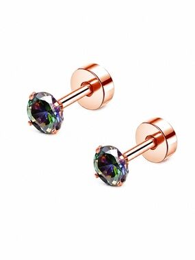 Rainbow CZ Flat Back Stud Earrings 20G Rose Gold 4mm Cartilage Earrings